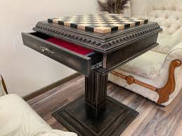 Wooden Chess Board Table Black Stone
