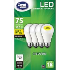 Great Value Led Light Bulb 13 5w 75w Equivalent A19 General Purpose Lamp E26 Medium Base Non Dimmable Soft White 4 Pack Walmart Com Walmart Com