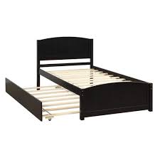 Urtr Espresso Twin Size Trundle Platform Bed With Pull Out Trundle Wood Bed Frame With Headboard No Box Spring Need Brown