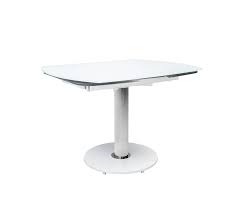 Slim and modern design will seamless blend with any decor in your home, as the house dining table features a frosted finish to tempered glass top in a large rectangular shape and accented with white powder coated metal angles legs. Dining Tables Saturn Rotating Modern Glass Dining Table Mh2g