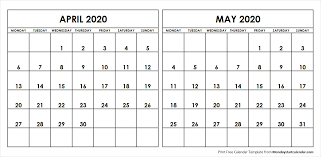 Apr May 2020 Calendar Monday Start Editable Two Months