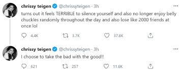 Here are 10 hilarious tweets from her. Chrissy Teigen Returns To Twitter Says It Feels Terrible To Silence Yourself