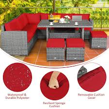 7 pieces patio rattan dining furniture sectional sofa set with wicker ottoman red