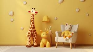 giraffe perched on a chair and teddy