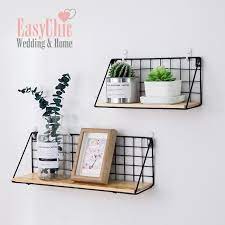 Industrial Metal Wire Wood Wall Shelf