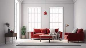 Red Couch And A Red Lamp Hanging