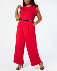 Plus Size Belted Ruffled Jumpsuit By Calvin Klein In Red