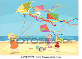 Clipart Of Cartoon Children Playing With Kites On The Beach