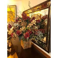 Beautiful real touch flower arrangement design has twelve real touch roses in a square vase filled with faux water. Large Silk Flower Arrangement In A Marble Base Chairish