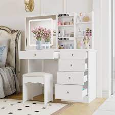 fufu a white makeup vanity set dressing desk with gl top sliding led lighted mirror drawers storage shelves and stool