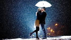 couple snow rain love kiss umbrella