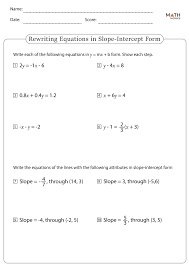 Slope Intercept Form Worksheets With