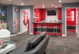 Levis4floors luxury vinyl tile & sheet vinyl flooring stores in worthington, powell, reynoldsburg, hilliard, columbus and blacklick. We Love The Classic Look Of The Black And White Backsplash In This 50 S Diner Themed Basement And The Scarlet And Gray Buying Carpet Flooring Store Diy Carpet
