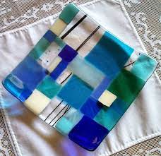 Fused Glass Plate Modern Mosaic In Blue