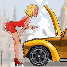 cartoon sexy woman looking under the hood of a car Stock Vector | Adobe  Stock