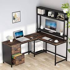 Rotary corner brown office computer desk with white bookshelf simple yet practical, this piece of furniture is surely the solution for. Amazon Com Tribesigns L Shaped Desk With Hutch File Drawer 70 9 Inch Corner Computer Office Desk Gaming Table Studying Writing Desk Workstation With Monitor Stand Cpu Stand For Home Office Brown Kitchen