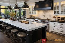white cabinets with black appliances