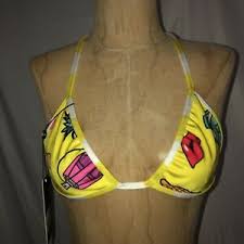 Details About Wildfox Xs String Bikini Top Women S Yellow Emoji Triangle Lipstick Lips Nwt 70