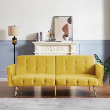 76 In W Yellow Velvet Twin Size Sofa Bed On Tufted Sleeper Couch