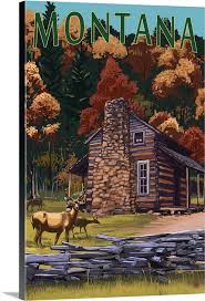 Montana Deer Family And Cabin Scene