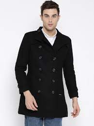 Men Black Double Ted Pea Coat