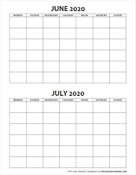 Blank June July 2020 Calendar Monday Start Two Months Template