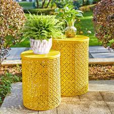 yellow steel barrel garden stool