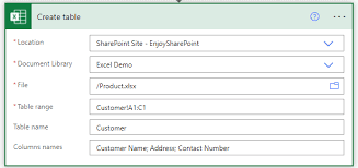 power automate create table with