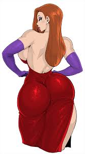 synecdoche, jessica rabbit, who framed roger rabbit, colorized, highres,  1girl, ass, backless dress, backless outfit, bare back, bare shoulders,  blue eyes, breasts, curvy, dress, earrings, elbow gloves, eyeshadow, from  behind, gloves, hands
