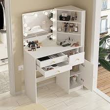 white vanity desk with mirror and