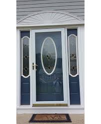 navy blue front door with oval glass