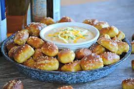 beer cheese dip and homemade pretzel bites