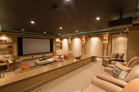 Example of a transitional basement design in other with a home theater i like the amount of seating there is. Basement Home Theater Designing Tips And Ideas