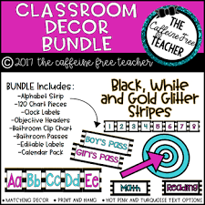 Black White And Gold Glitter Stripe Classroom Decor And Organization Bundle