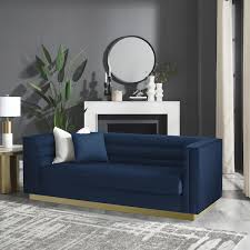 inspired home annemarie 34in width square arm style upholstered velvet tufted straight in shape 3 seat sofa in blue