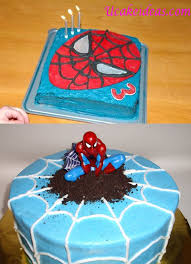 The webs are made from chocolate and his name is handcut. Homemade Spiderman Cake Ideas U Cake Ideas Spiderman Birthday Cake Homemade Birthday Cakes Superhero Birthday Cake