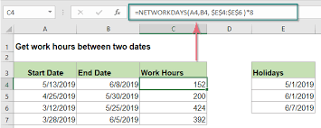 excel get work hours between two dates