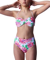 Marina West Pink Blossom Bandeau Bikini Top High Waist Bikini Bottoms Women