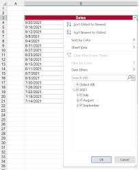 excel not grouping dates in filters