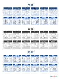 Printable Calendar 2018 2019 And 2020 3 Year Calendar Stacked