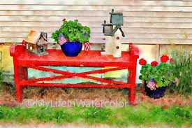 Red Garden Bench Watercolor Photo Red