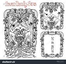欲望ラテン語の「ルクシリア」とは、情熱や性欲を意味する。7つの大罪のコンセプト、黒と白のベクター画像セットとフレーム。手描きの彫刻イラスト、タトゥー、Tシャツ、宗教シンボル」のベクター画像素材（ロイヤリティフリー）  1135683266 | Shutterstock