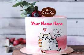 This recipe will yield two cakes, so feel free to halve the portions. Write Name On Cute Cat Birthday Cake