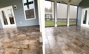 Water will blow through the screens and all screened porch floors must accommodate for draining. Mooresville Screen Porch With Tile Floor Cedar Beam Vaulted Ceiling