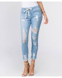 Sweet Savings On American Bazi Women S Denim Pants And Jeans Light Blue Distressed Drawstring Crop Jeans Women