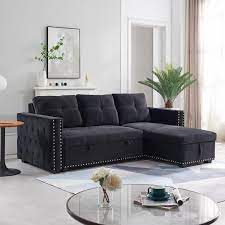 Z Joyee 91 In W 3 Seats Velvet L Shaped Modern Sectional Sofa With Storage Black