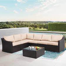 Cesicia 7 Piece Khaki Wicker Outdoor Patio Furniture Set All Weather Sectional Sofa With Cushions And Coffee Table