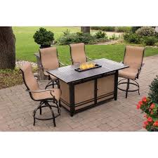 Agio Somerset 5 Piece Rectangular Outdoor Bar Height Dining Set With Fire Feature And Swivels