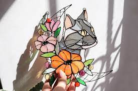 Stained Glass Moon Cat And Flowers