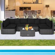 7 pieces patio rattan furniture set with sectional sofa cushioned black costway